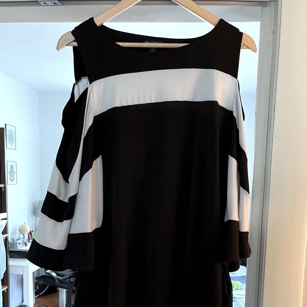 MIDI black dress with bold white stripes